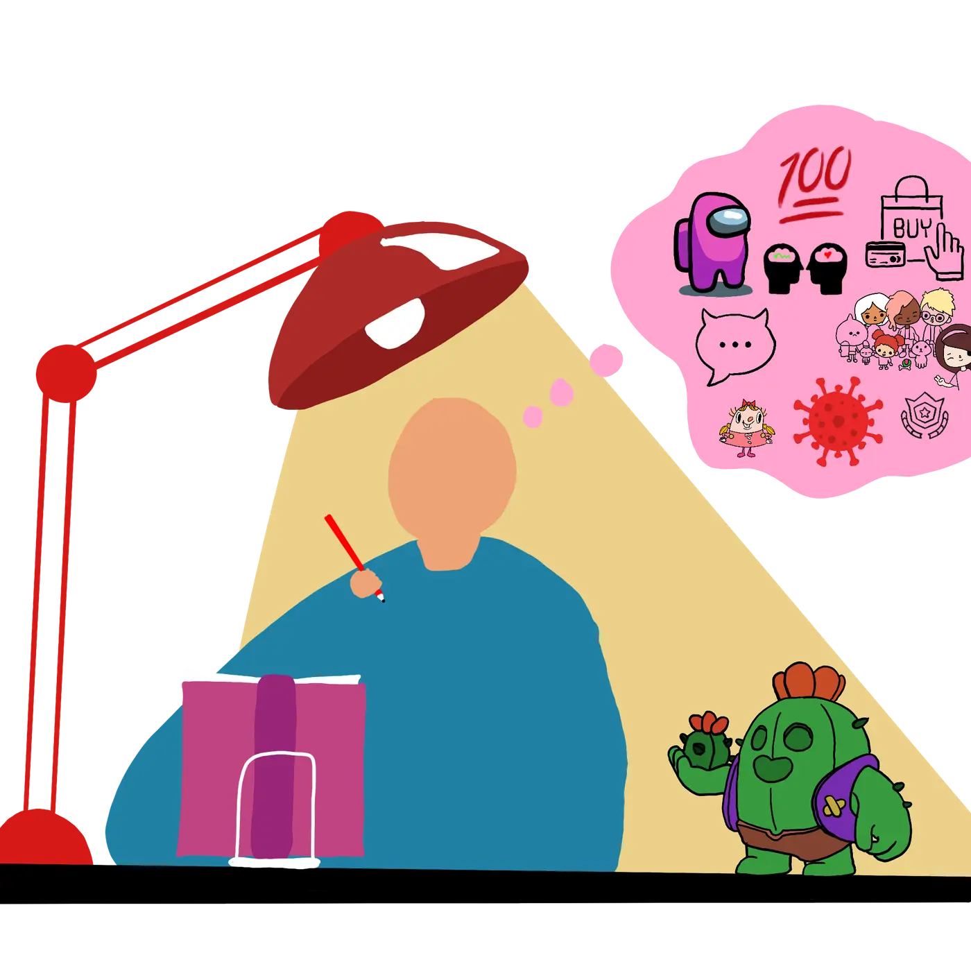 Drawing of a person thinking about what to write in their diary